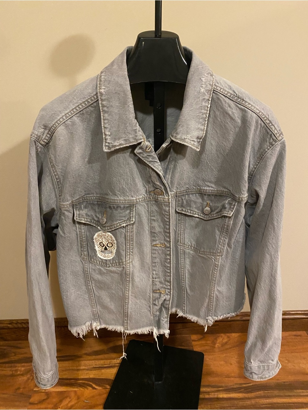 Grey Cropped Denim Jacket with Skull Print Back Panel - Picture 2 of 6